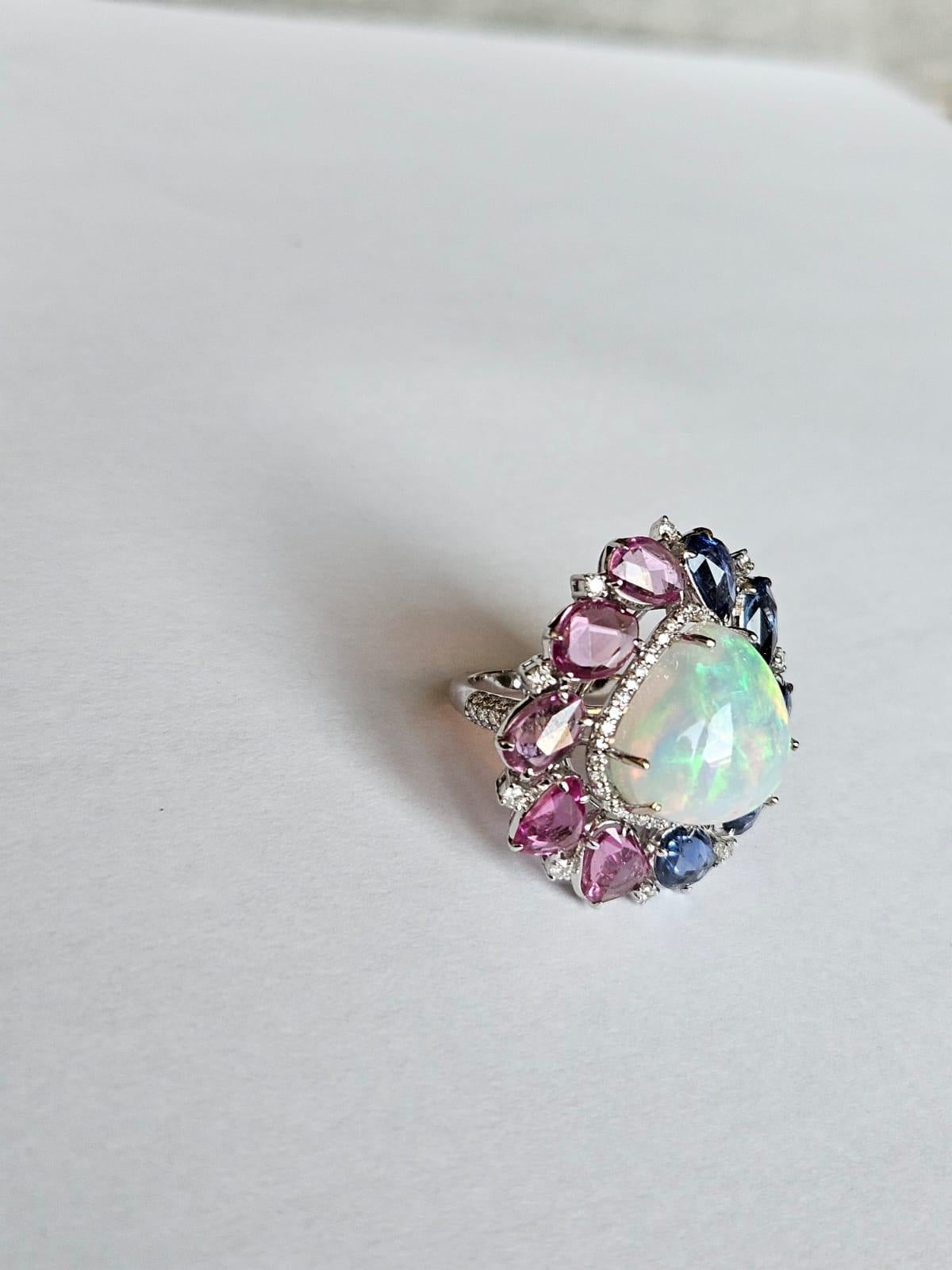 Rose Cut 9.25 carats, Ethiopian Opal, Blue & Pink Sapphires & Diamonds Cocktail Ring For Sale