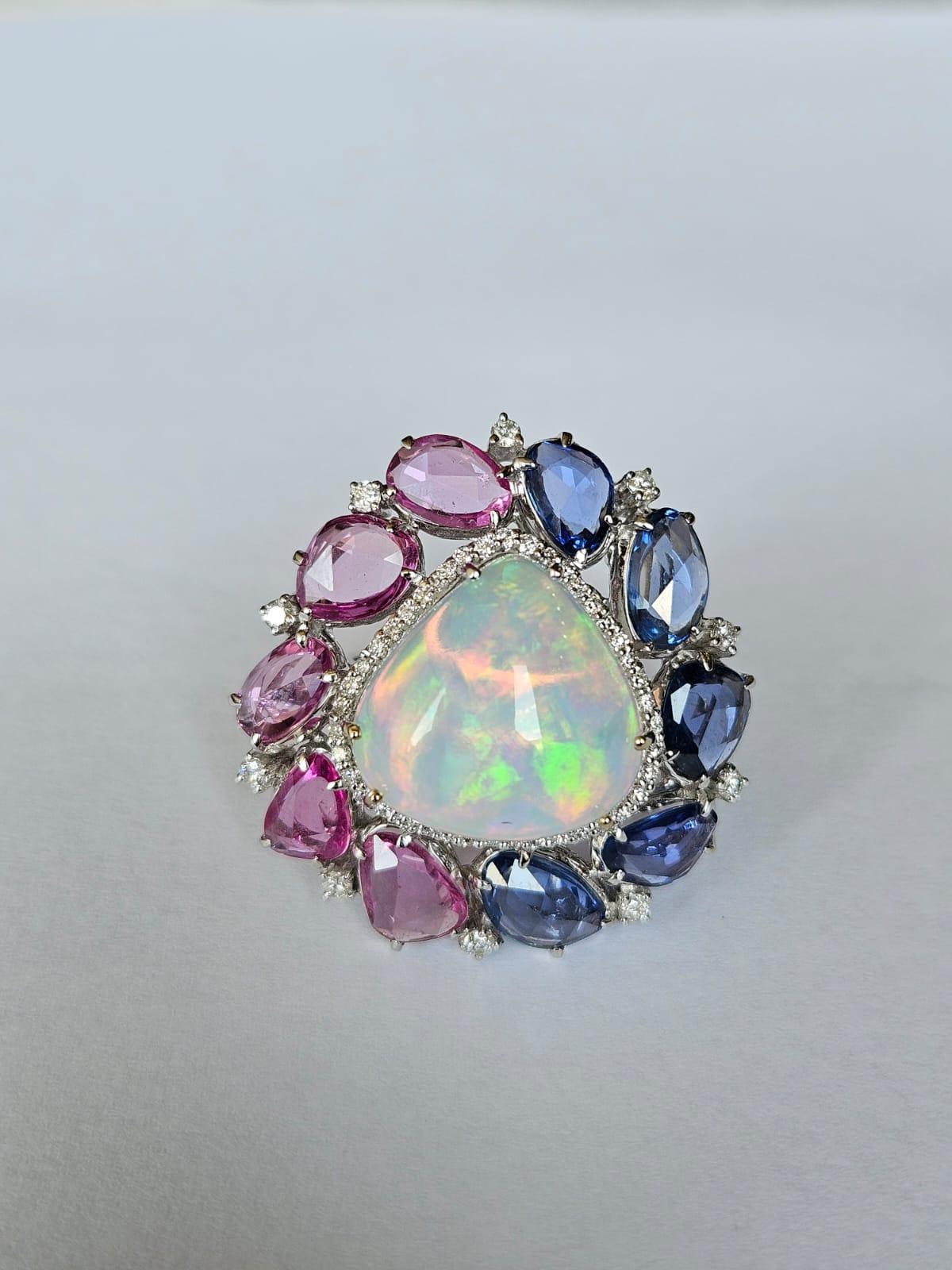 9.25 carats, Ethiopian Opal, Blue & Pink Sapphires & Diamonds Cocktail Ring In New Condition For Sale In Hong Kong, HK