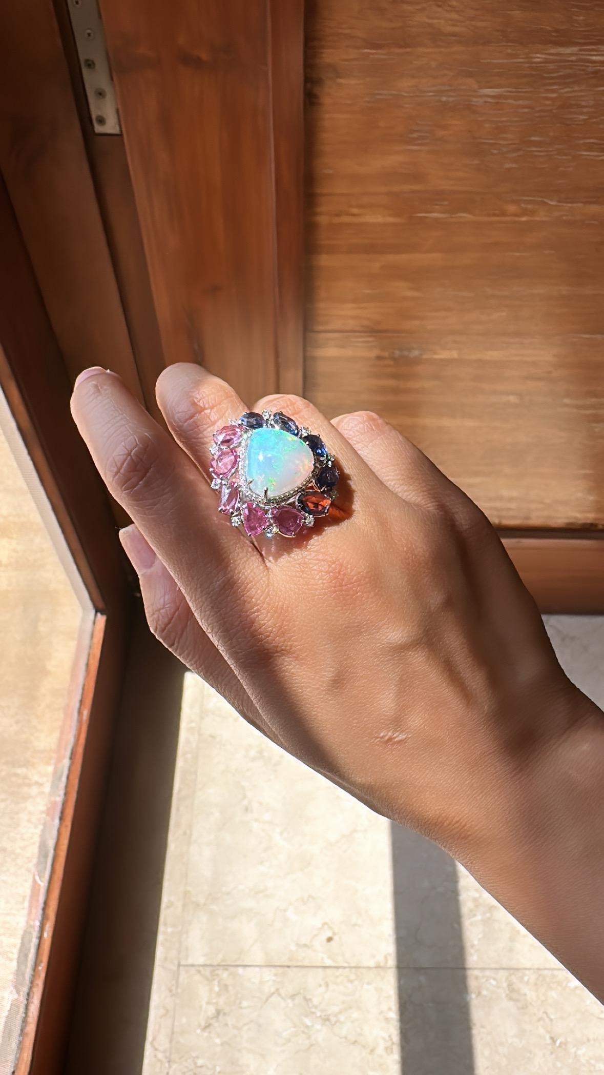 9.25 carats, Ethiopian Opal, Blue & Pink Sapphires & Diamonds Cocktail Ring For Sale 1