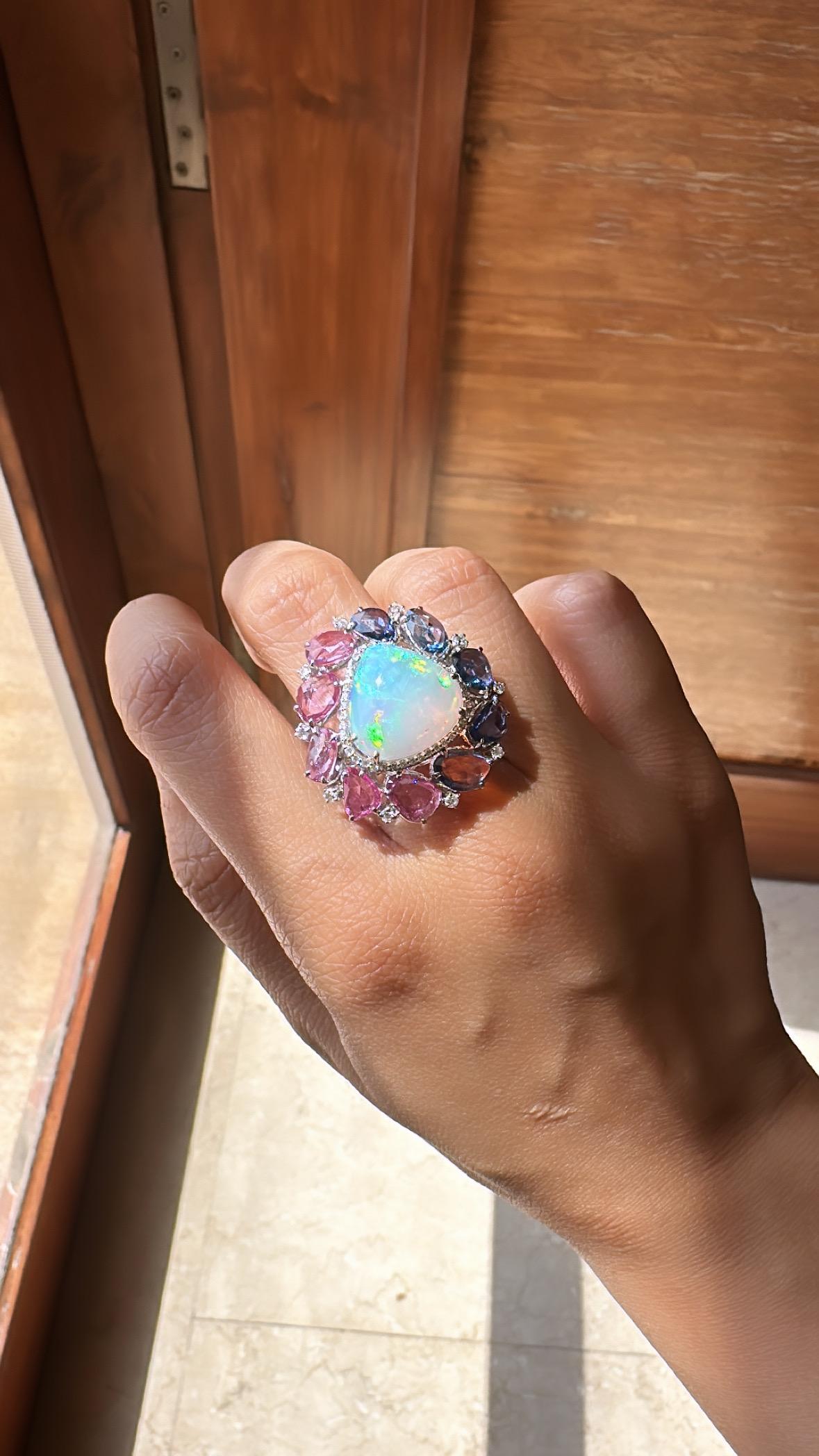 9.25 carats, Ethiopian Opal, Blue & Pink Sapphires & Diamonds Cocktail Ring For Sale 2