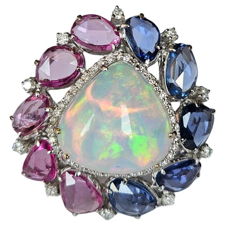 9.25 carats, Ethiopian Opal, Blue & Pink Sapphires & Diamonds Cocktail Ring For Sale