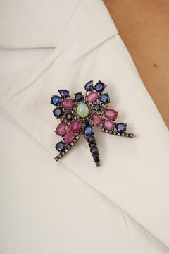 925 Estate Style Opal Center Butterfly Brooch Pendant with Sapphires and Diamond