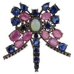 925 Estate Style Opal Center Butterfly Brooch Pendant with Sapphires and Diamond