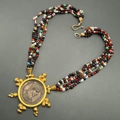 925 Gold Gilt sterling silver Coin Pendant Gemstones Statement necklace
