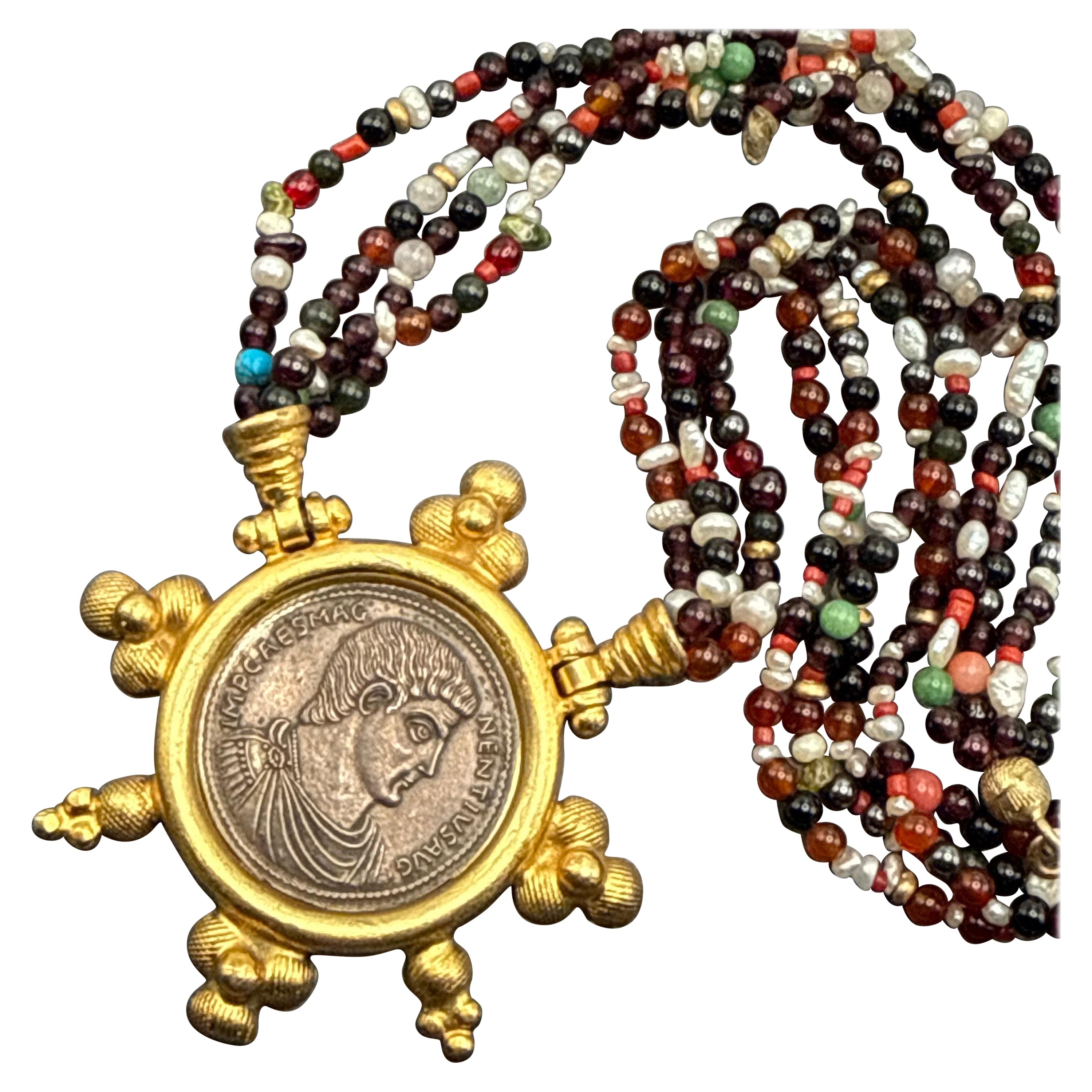 925 Oro Dorato Argento Sterling Ciondolo Moneta Pietre Gemme Collana di Dichiarazione