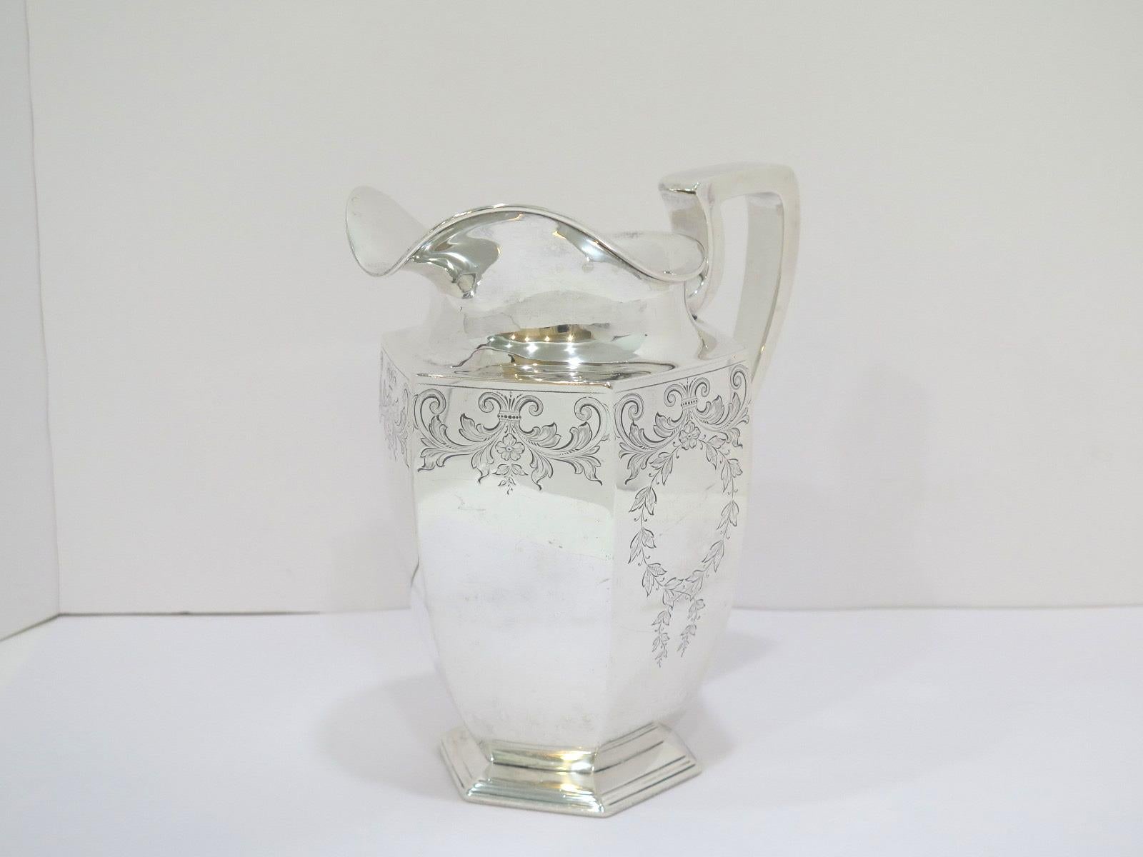 American 9.25 in Sterling Silver Dominick & Haff Antique Floral Scroll Hexagonal Pitcher