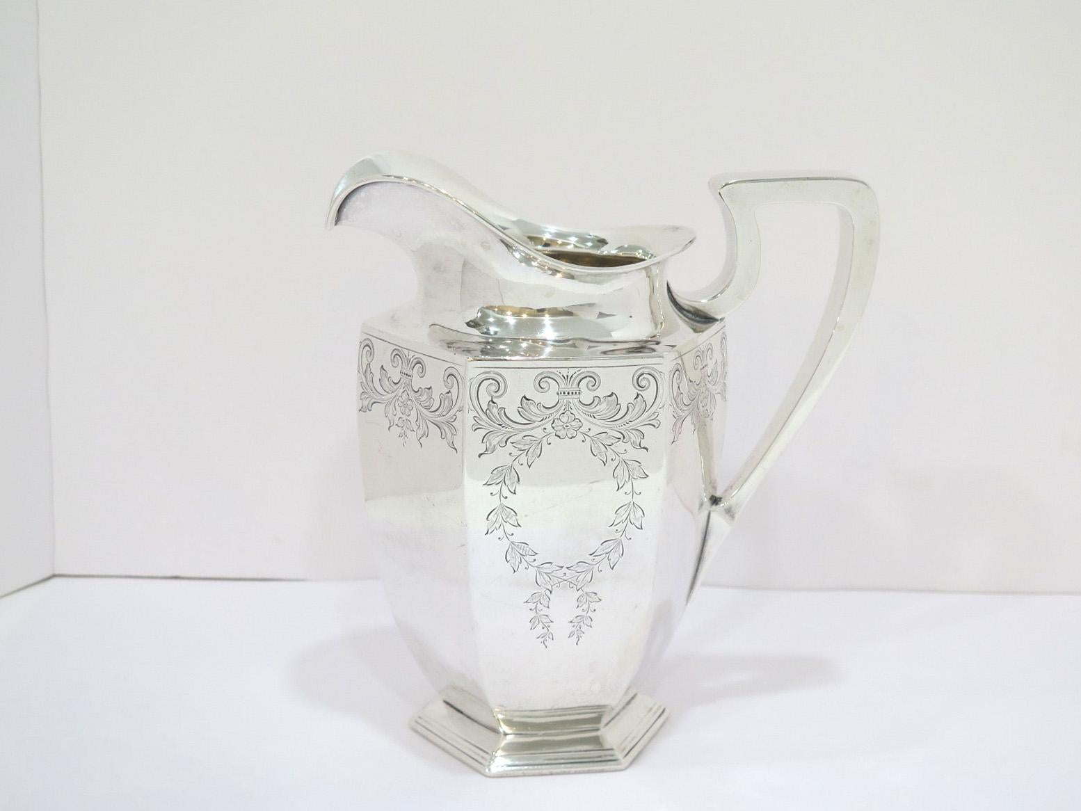 9.25 in Sterling Silver Dominick & Haff Antique Floral Scroll Hexagonal Pitcher In Good Condition In Brooklyn, NY