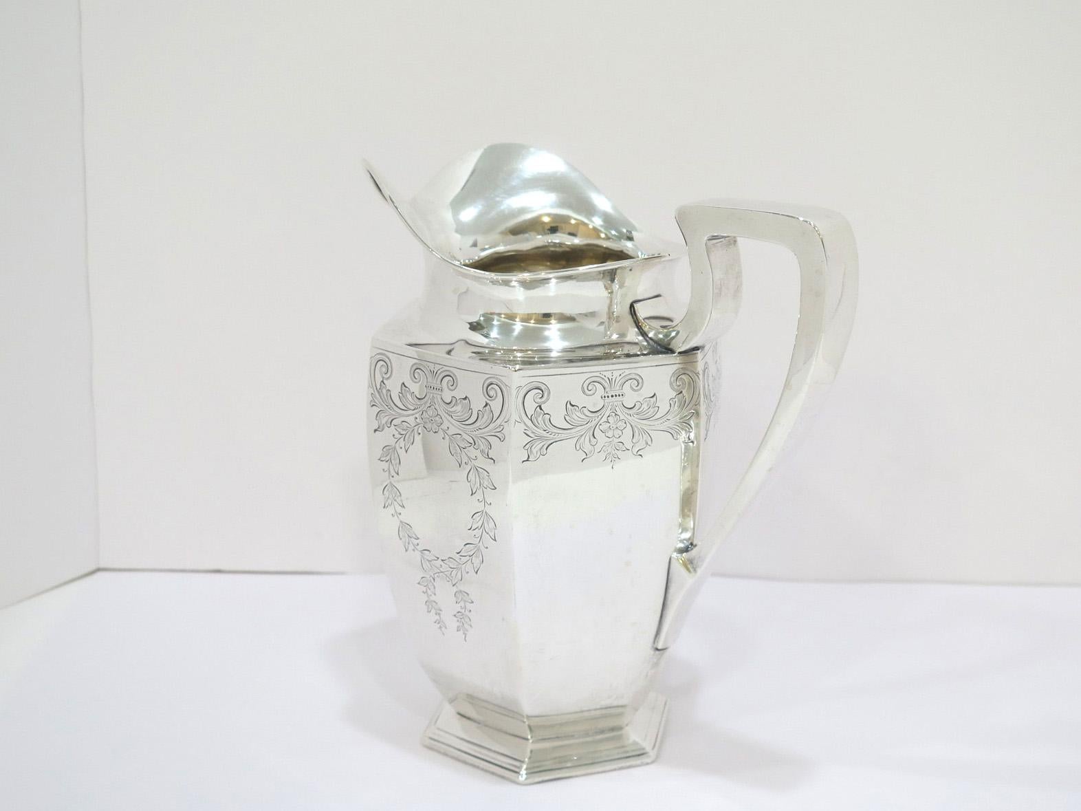 20th Century 9.25 in Sterling Silver Dominick & Haff Antique Floral Scroll Hexagonal Pitcher