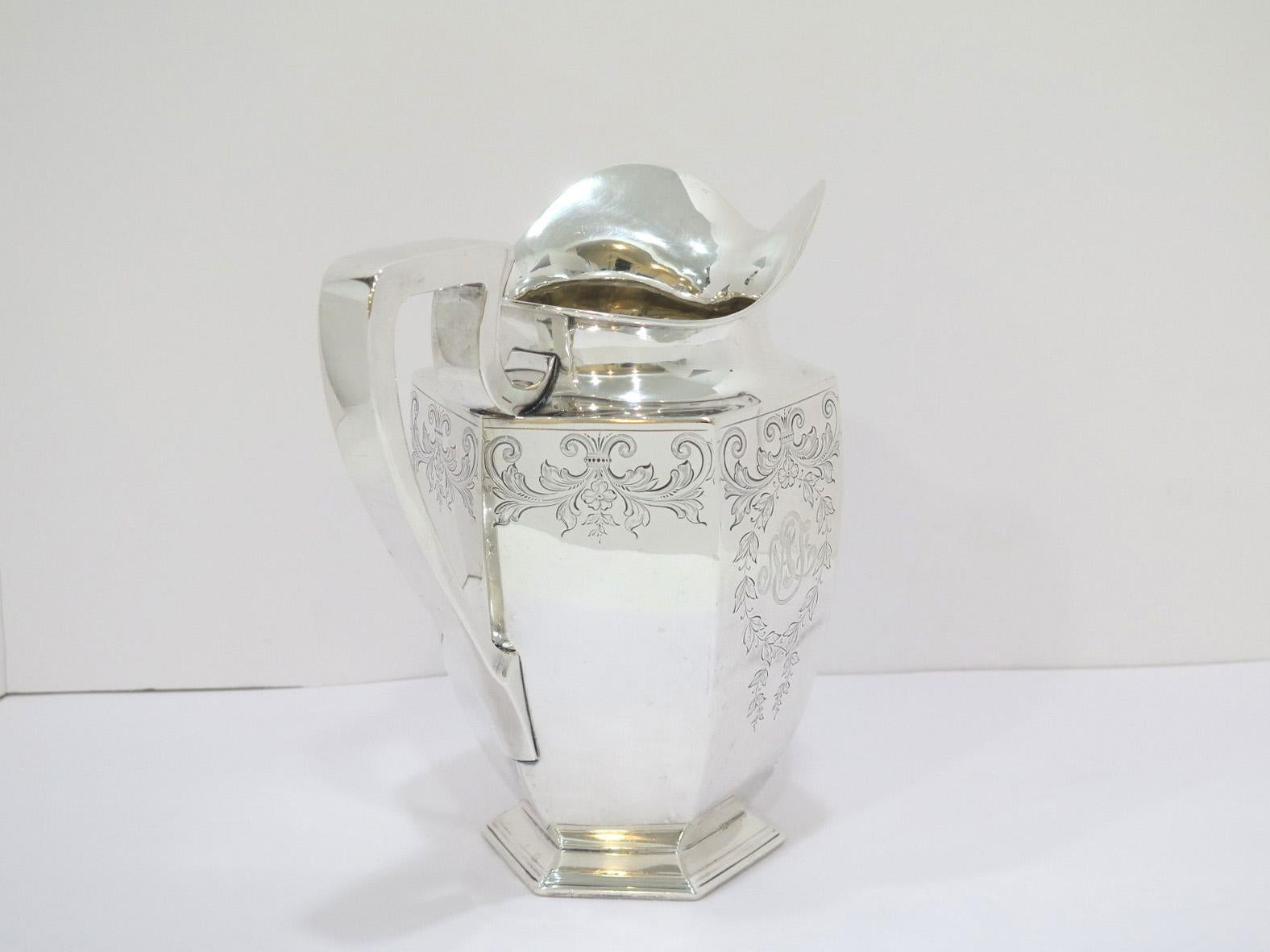 9.25 in Sterling Silver Dominick & Haff Antique Floral Scroll Hexagonal Pitcher 1