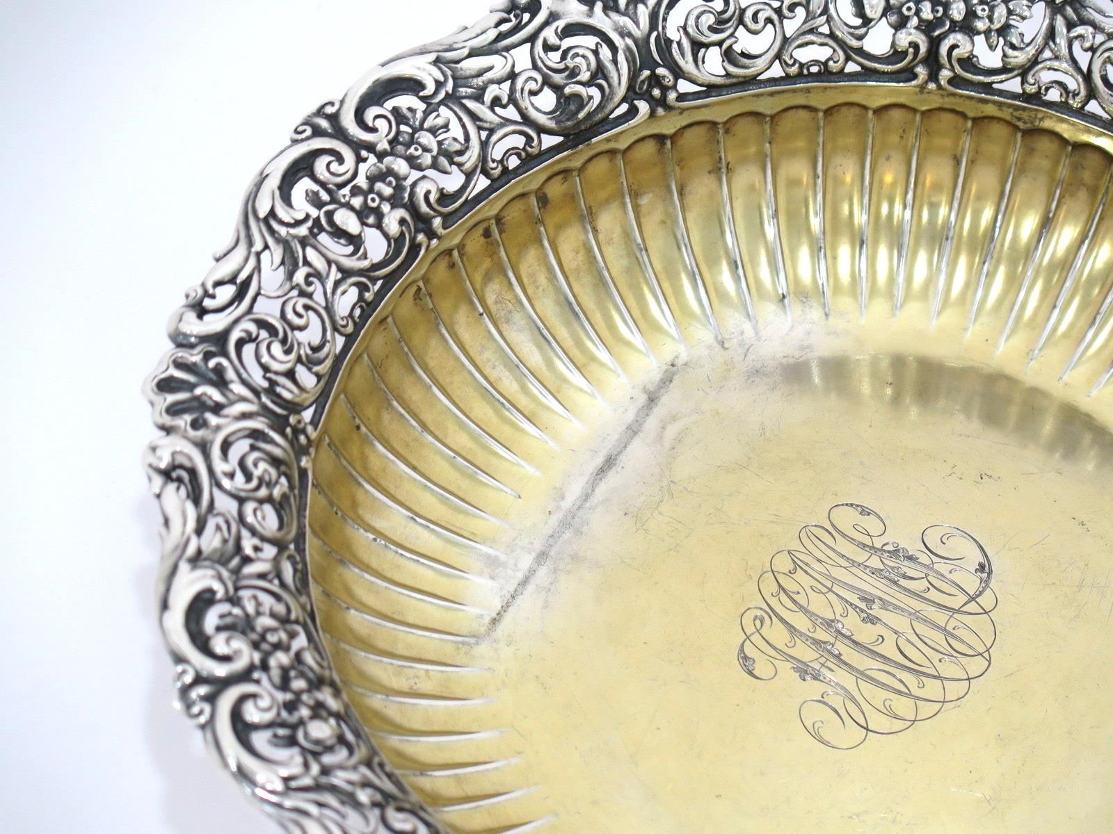 American Sterling Silver Gilt Whiting Antique Floral Openwork Rim Serving Bowl
