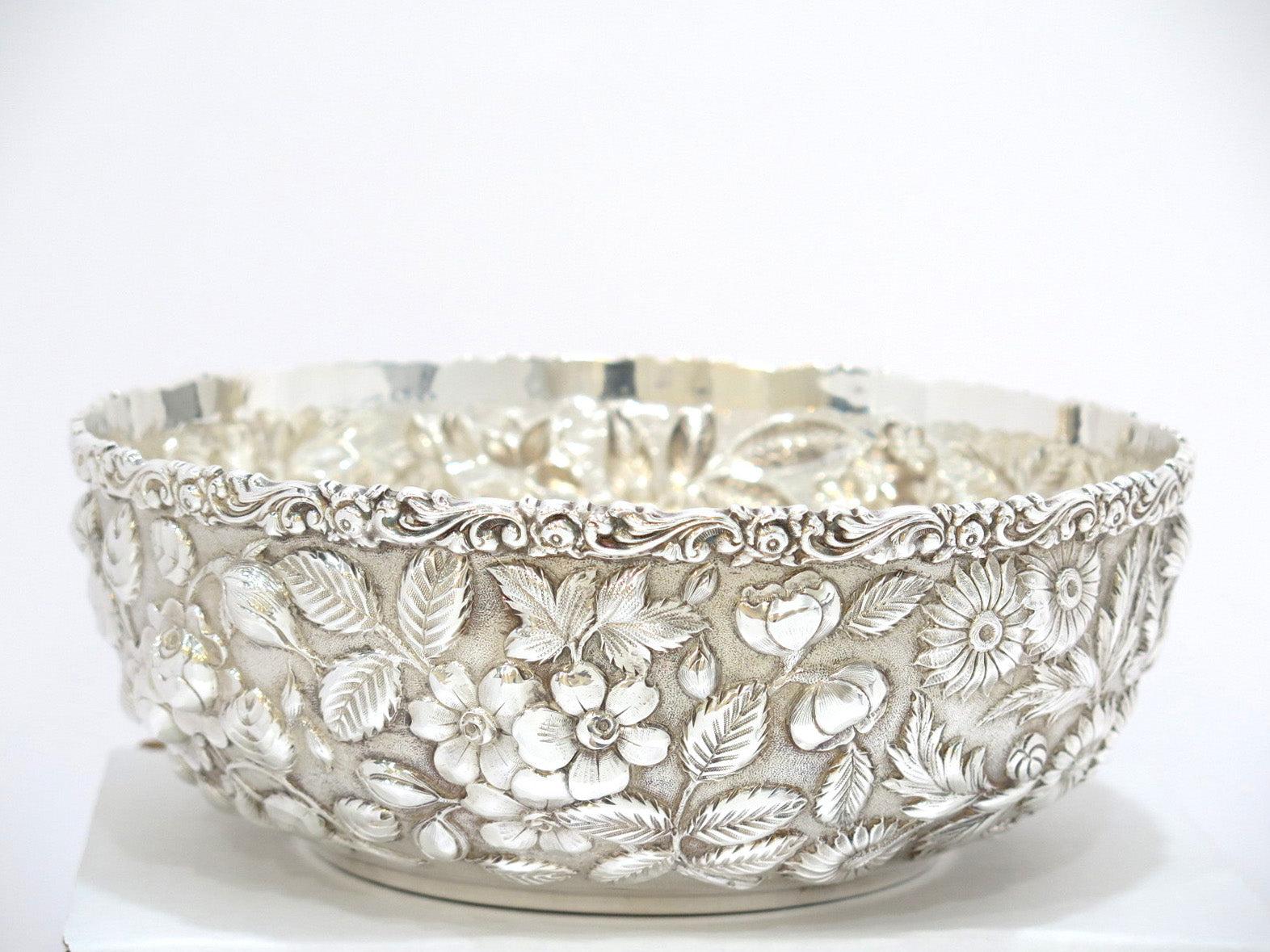 American Sterling Silver Jenkins & Jenkins Antique Floral Repousse Serving Bowl For Sale