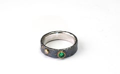 925 Oxidized Silver 22 Karat Yellow Gold Emerald Diamond Ring
