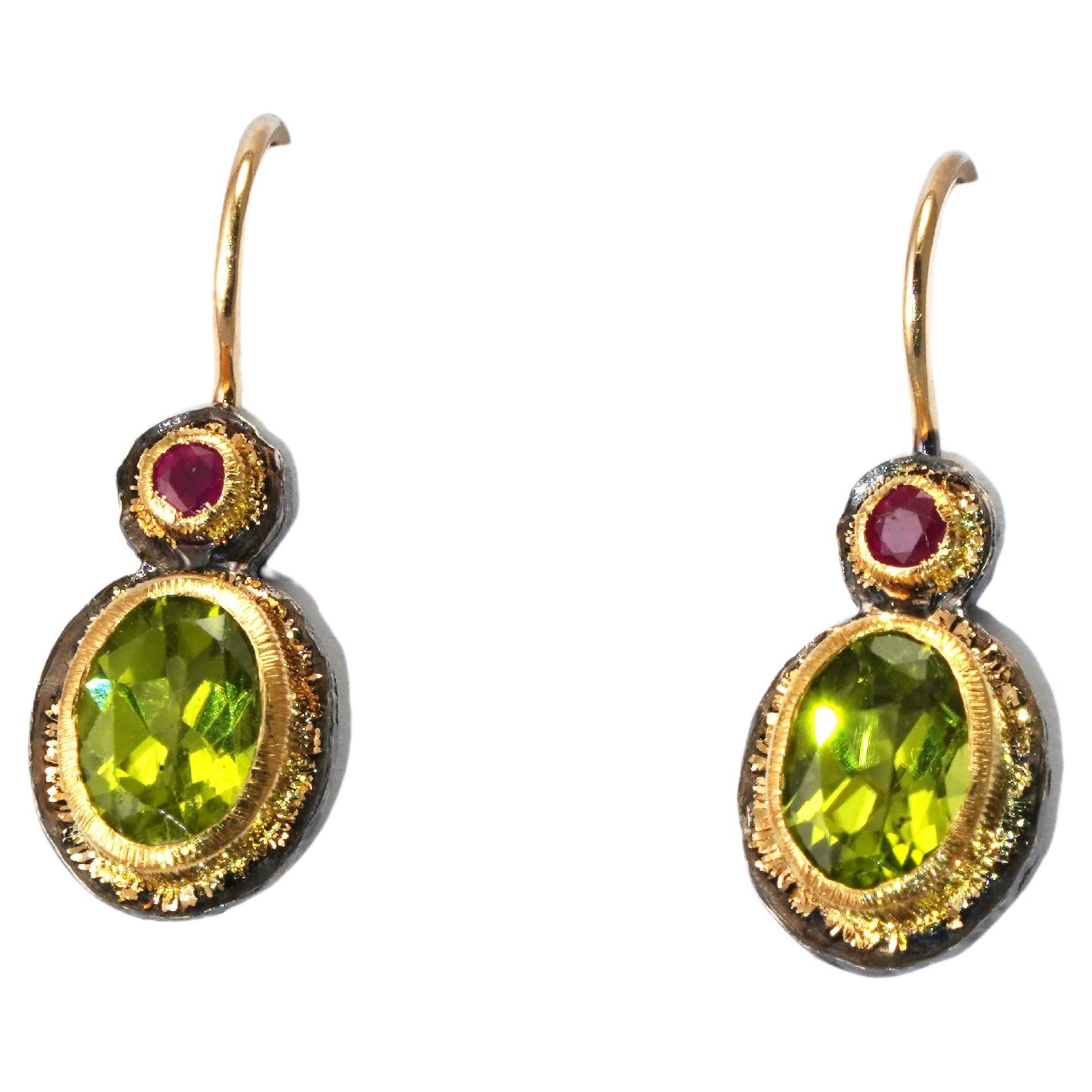 925 Oxidized Silver Earrings 22 Karat Gold Peridot Ruby Earrings For Sale