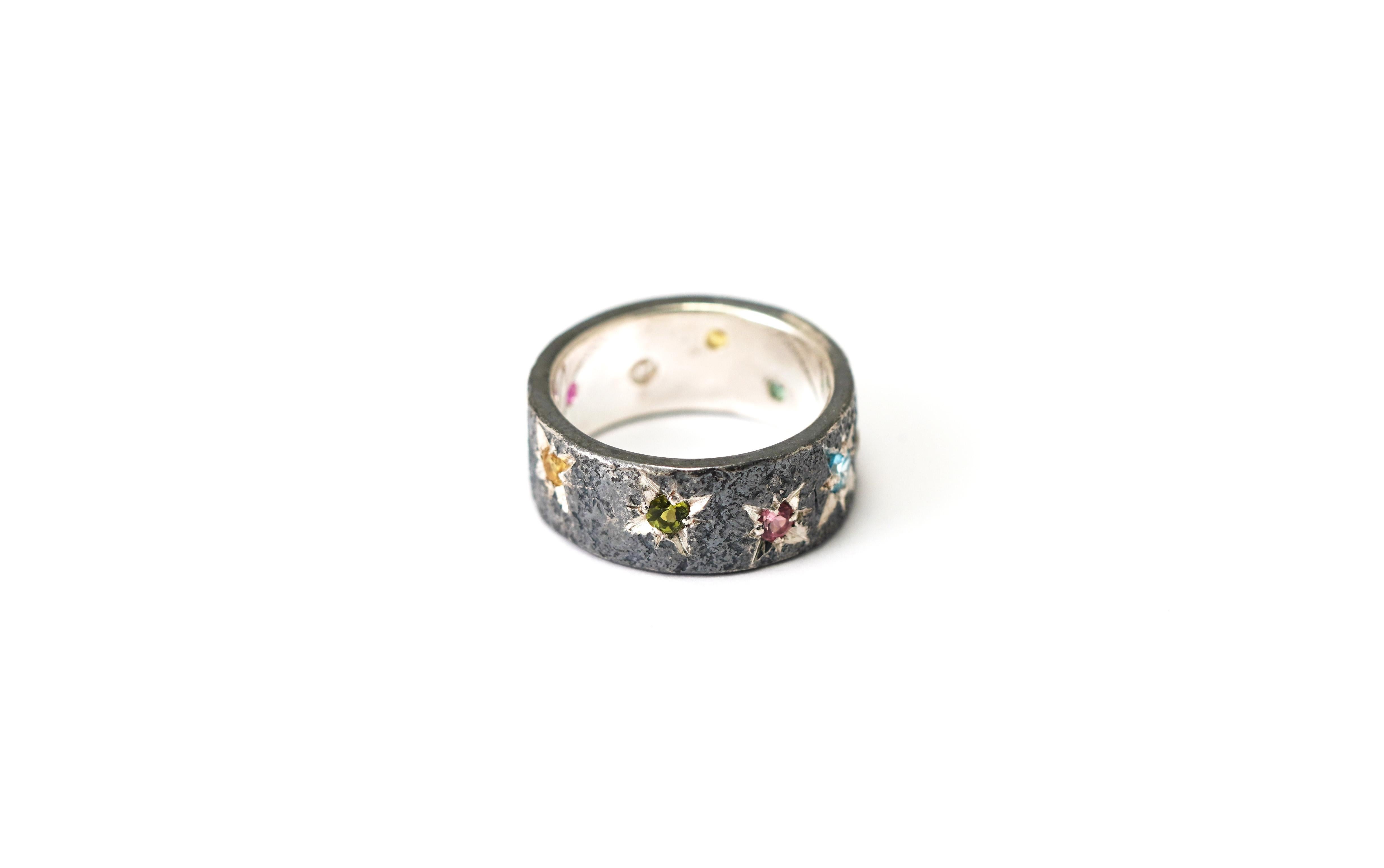 Taille brillant Bague en argent oxydé 925 Tourmaline multicolore en vente