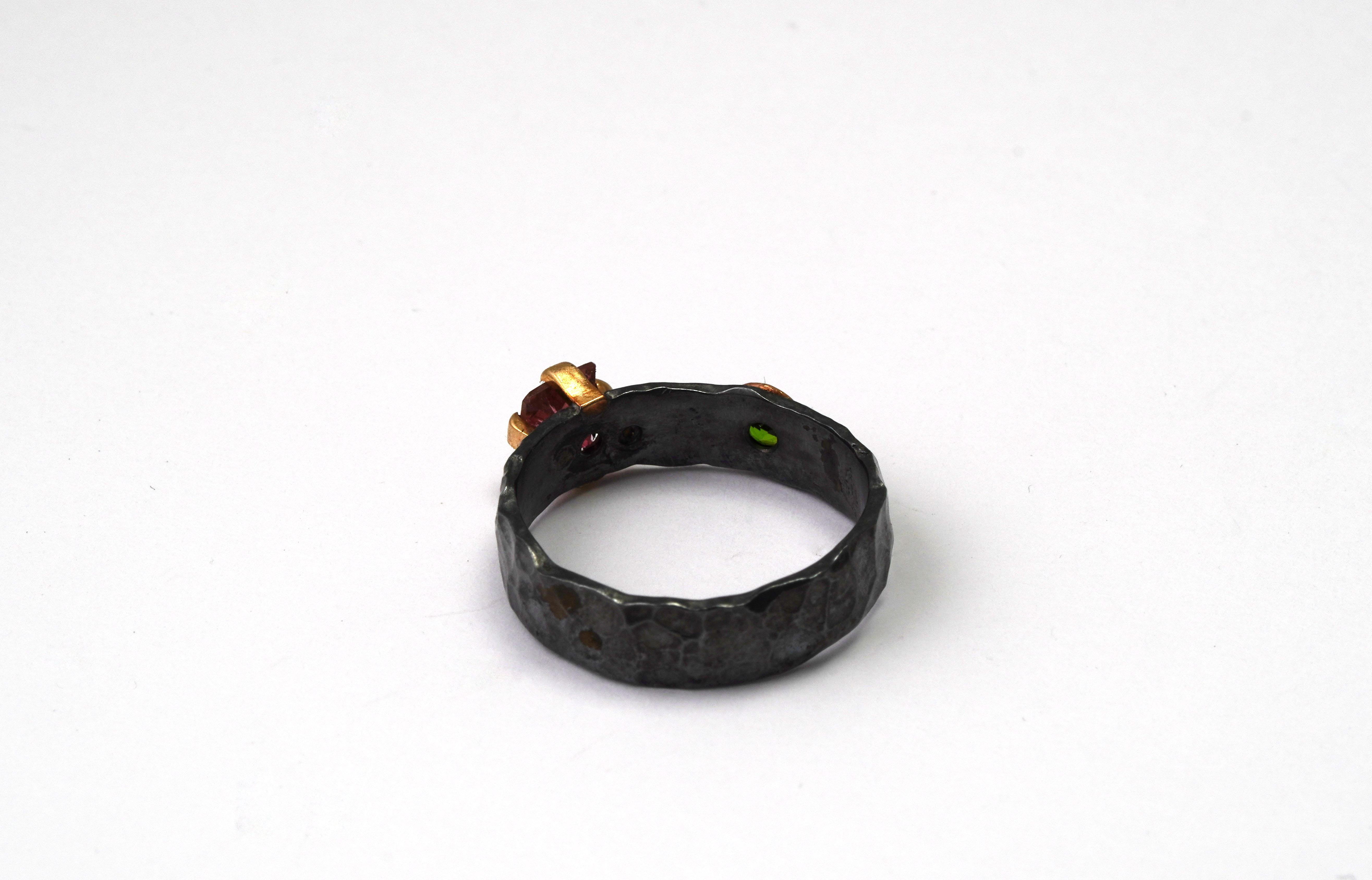Mixed Cut 925 Oxidized Silver Ring 18 Karat Gold Tourmaline Rubellite Green Tsavorite Ring For Sale