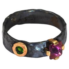 925 Oxidized Silver Ring 18 Karat Gold Tourmaline Rubellite Green Tsavorite Ring