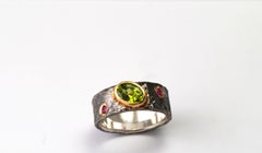925 Oxidized Silver Ring 22 Karat Yellow Gold Peridot Ruby Ring