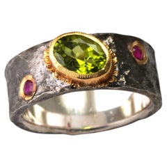 925 Oxidized Silver Ring 22 Karat Yellow Gold Peridot Ruby Ring