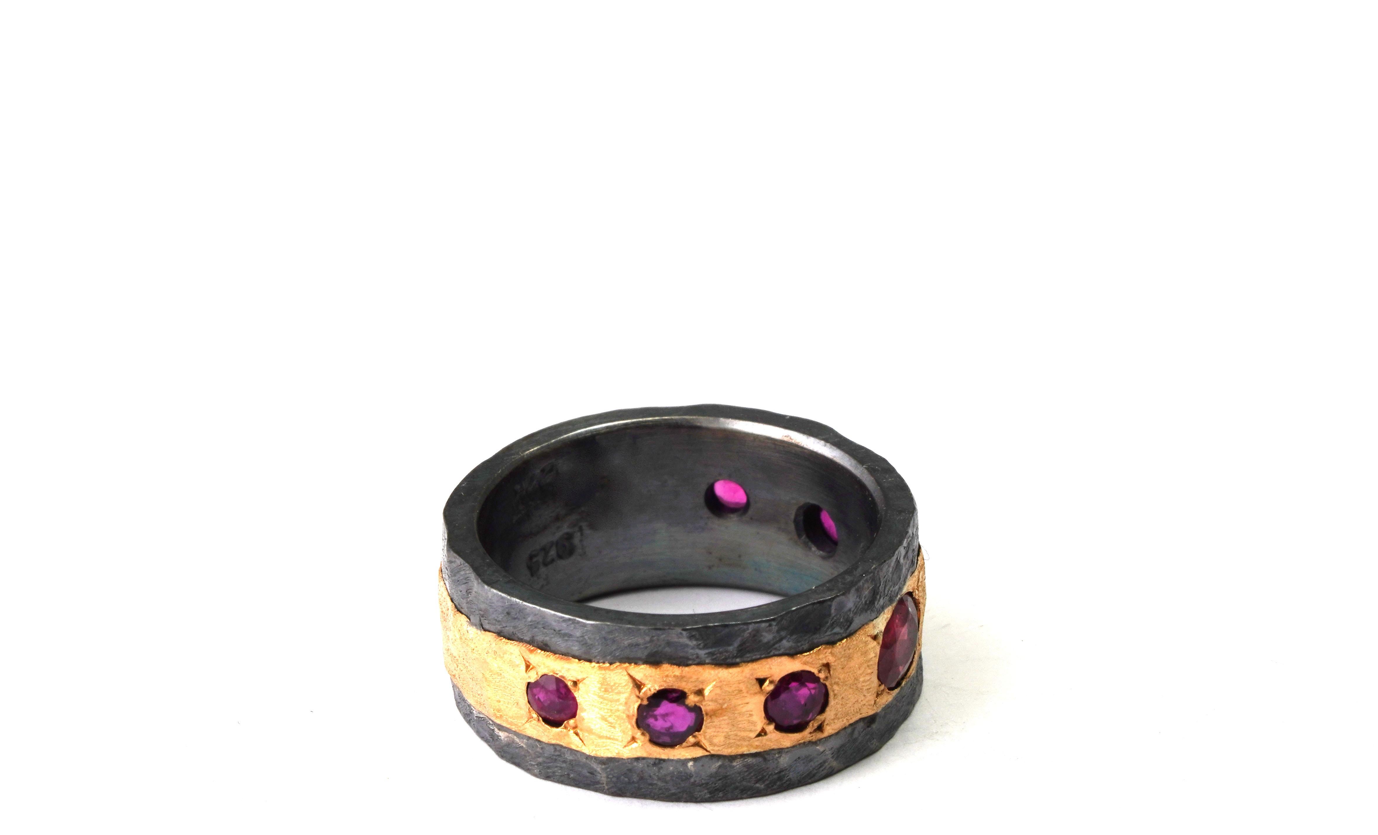 Mixed Cut 925 Oxidized Silver Ring 22 Karat Yellow Gold Ruby Ring For Sale