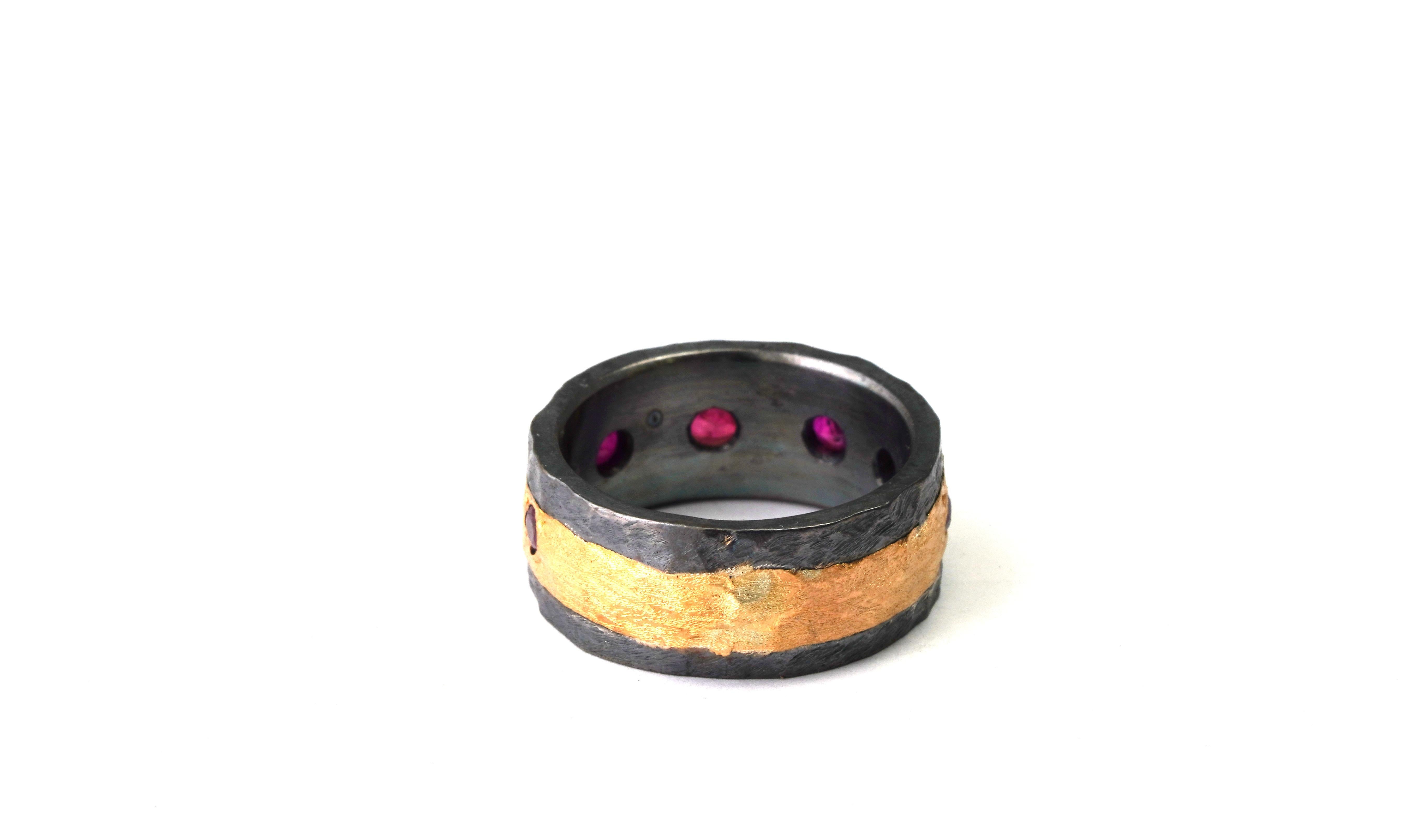 925 Oxidized Silver Ring 22 Karat Yellow Gold Ruby Ring In New Condition For Sale In София, BG