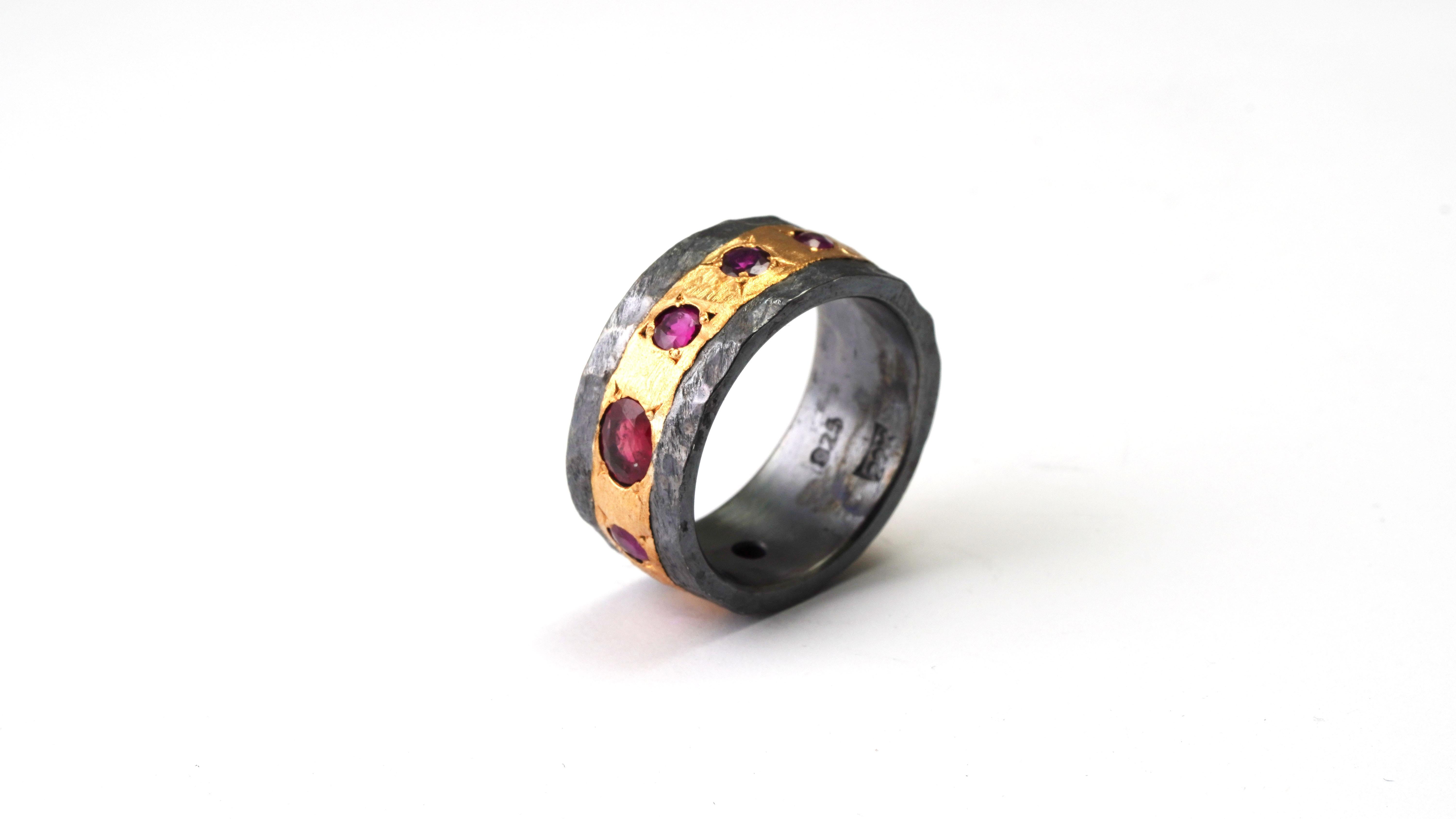 Women's or Men's 925 Oxidized Silver Ring 22 Karat Yellow Gold Ruby Ring For Sale