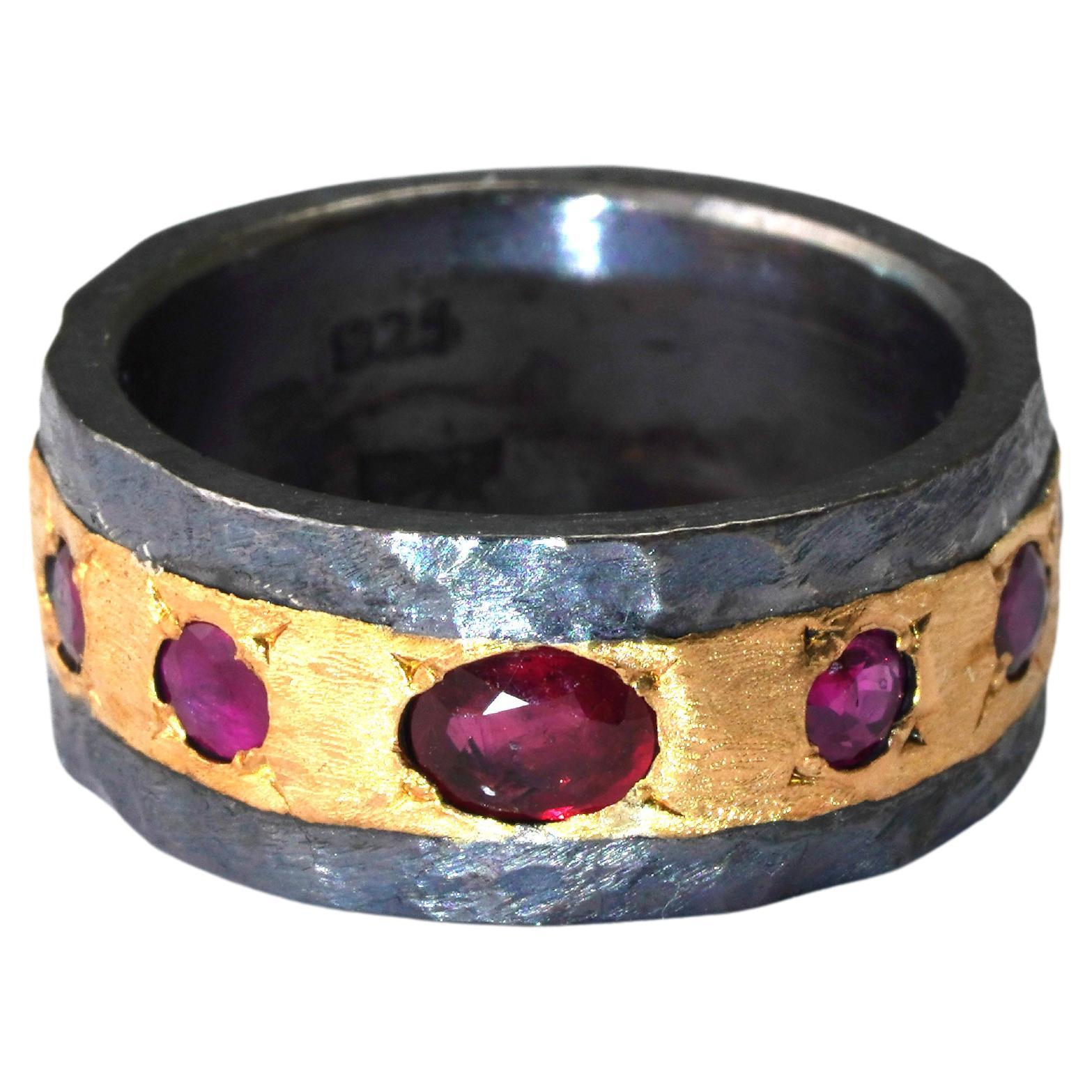 925 Oxidized Silver Ring 22 Karat Yellow Gold Ruby Ring For Sale