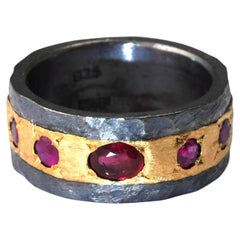 925 Oxidized Silver Ring 22 Karat Yellow Gold Ruby Ring