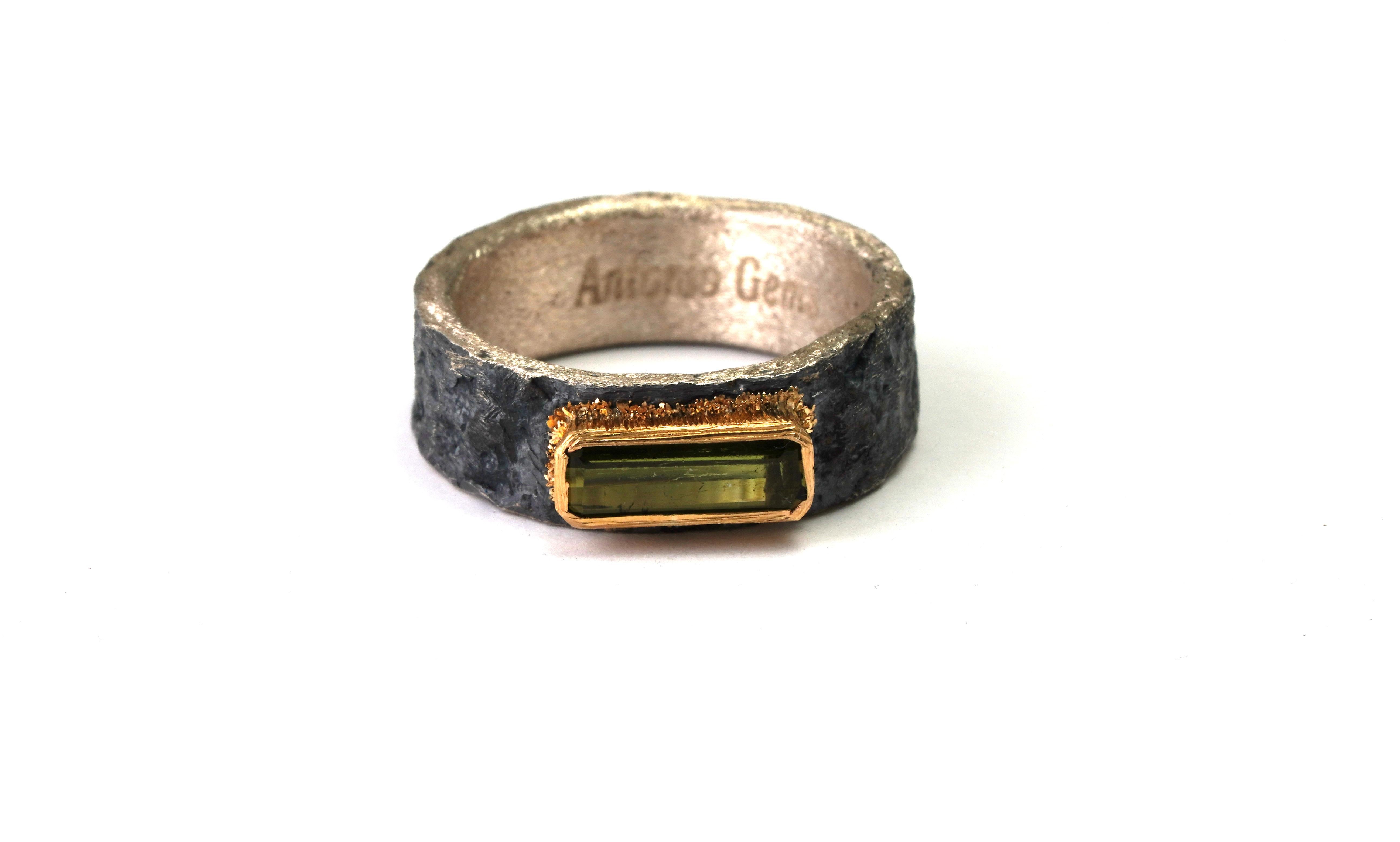 Emerald Cut 925 Oxidized Silver Ring and 22 Karat Yellow Gold Green Tourmaline Ring