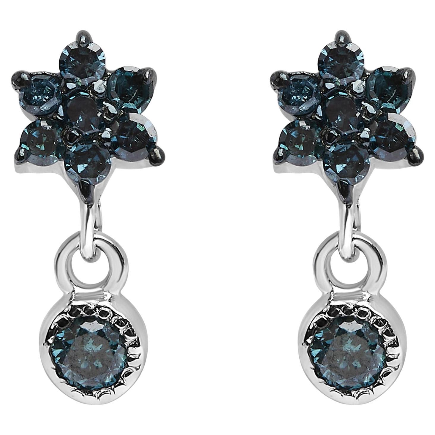 A. Silver 1/10 Cttw Blue Treated Diamond Star Stud Bezel Drop Dangle Earrings (orecchini a goccia con castone)