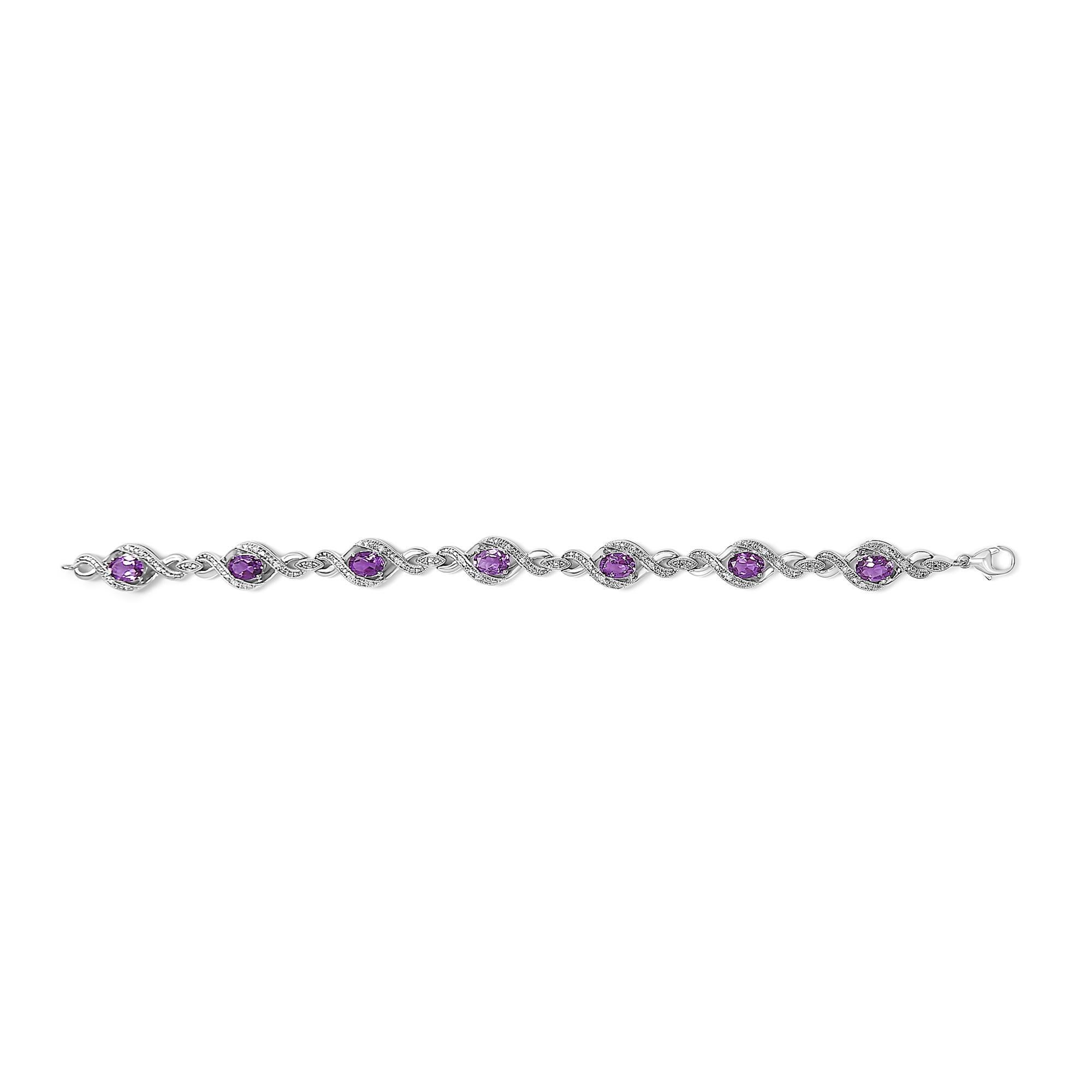 .925 Silber 1/10 Cttw natürlicher Diamant und ovaler Amethyst Kreuz Tennis-Armband (Moderne) im Angebot