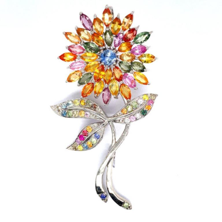Mixed Cut Contemporary Sterling Silver 10.96 Carat Multi Sapphire Flower Brooch Pin For Sale