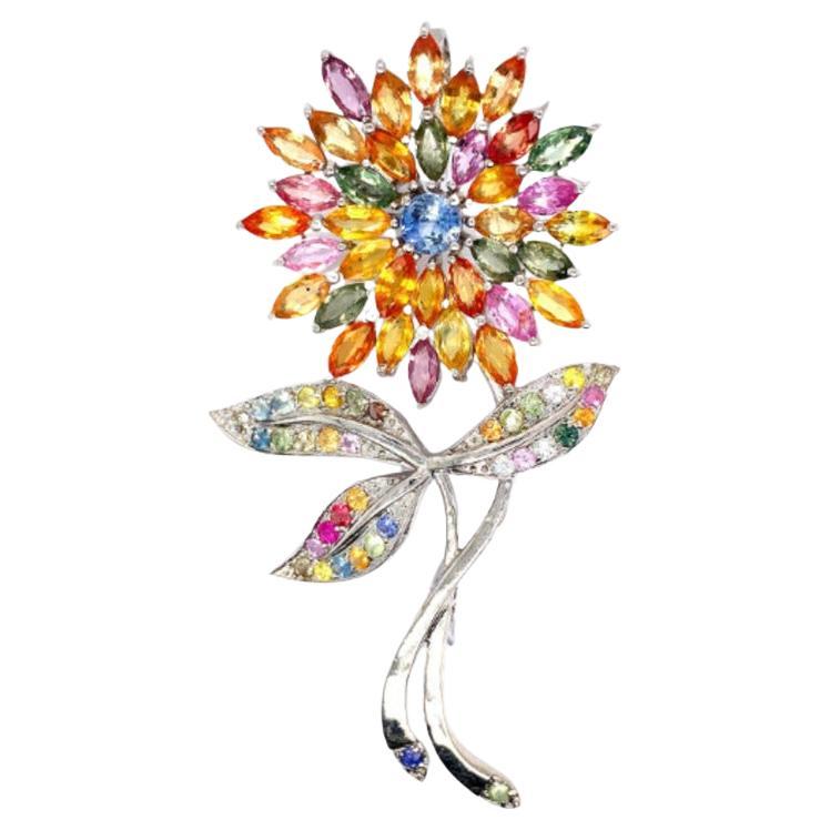 Contemporary Sterling Silver 10.96 Carat Multi Sapphire Flower Brooch Pin For Sale