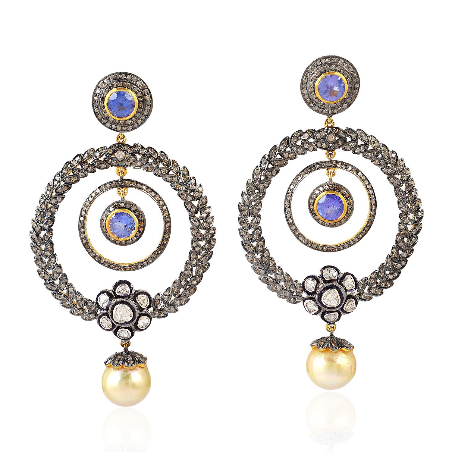 Round Cut 14k Yellow Gold 925 Silver .7.44ct Tanzanite 6 ct Diamond Pearl Dangle Earrings