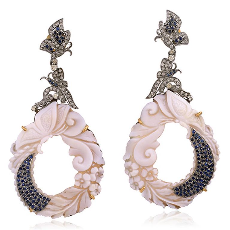 Contemporary .925 Silver 18k Gold 1.58ct Diamond 1.76ct Sapphire 56.3ct Cameo Dangle Earrings