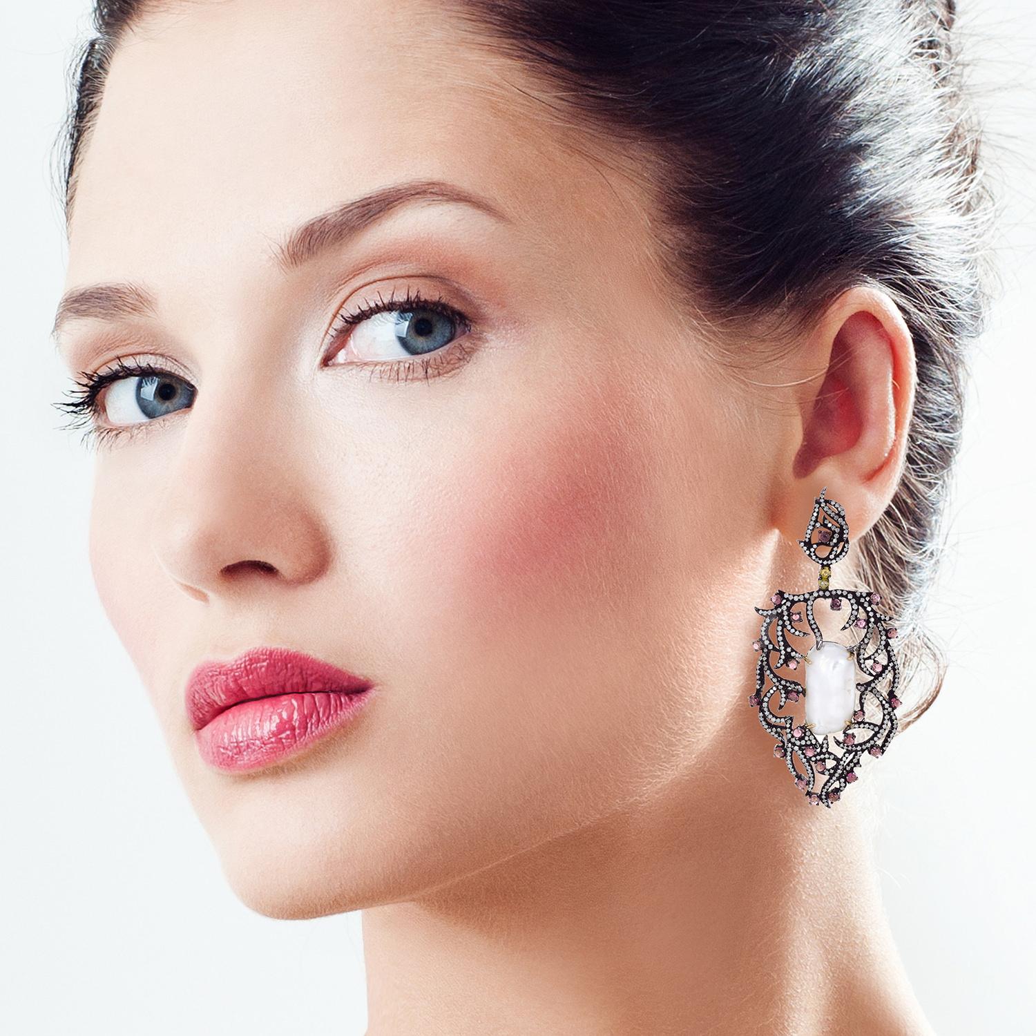 Contemporary .925 Silver 18k Gold 24.70 Ct Pearl Diamond Pave Pink Tourmaline Dangle Earrings For Sale