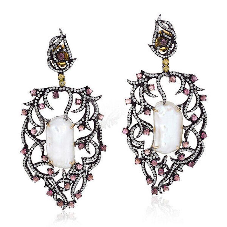 Round Cut .925 Silver 18k Gold 24.70 Ct Pearl Diamond Pave Pink Tourmaline Dangle Earrings For Sale