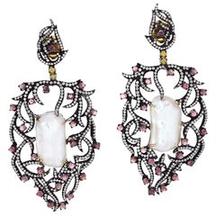 .925 Silver 18k Gold 24.70 Ct Pearl Diamond Pave Pink Tourmaline Dangle Earrings