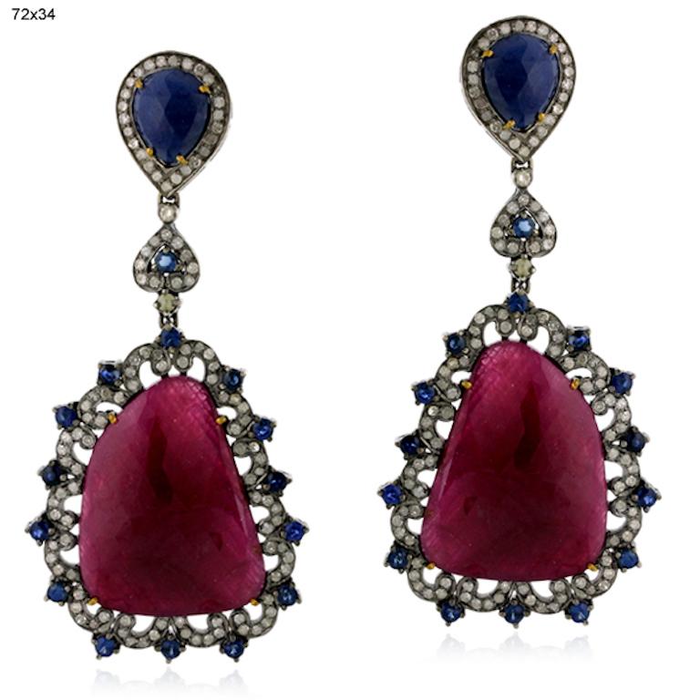 Round Cut  18k Gold .925 SS 53.0 Ct Ruby 3.12 Ct Diamond Blue Sapphire Dangle Earrings