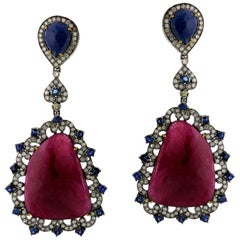 18k Gold .925 SS 53.0 Ct Ruby 3.12 Ct Diamond Blue Sapphire Dangle Earrings