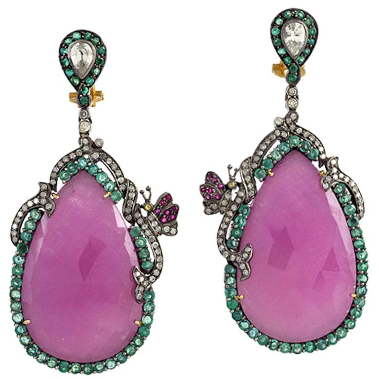 18k Gold .925 Silver 93.99ct Sapphire 4.7ct Emerald Diamond Ruby Dangle Earrings