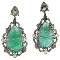 18k Yellow .925 Silver Gold 60.9 Ct Emerald 3.19 Ct Diamond Pave Dangle Earrings