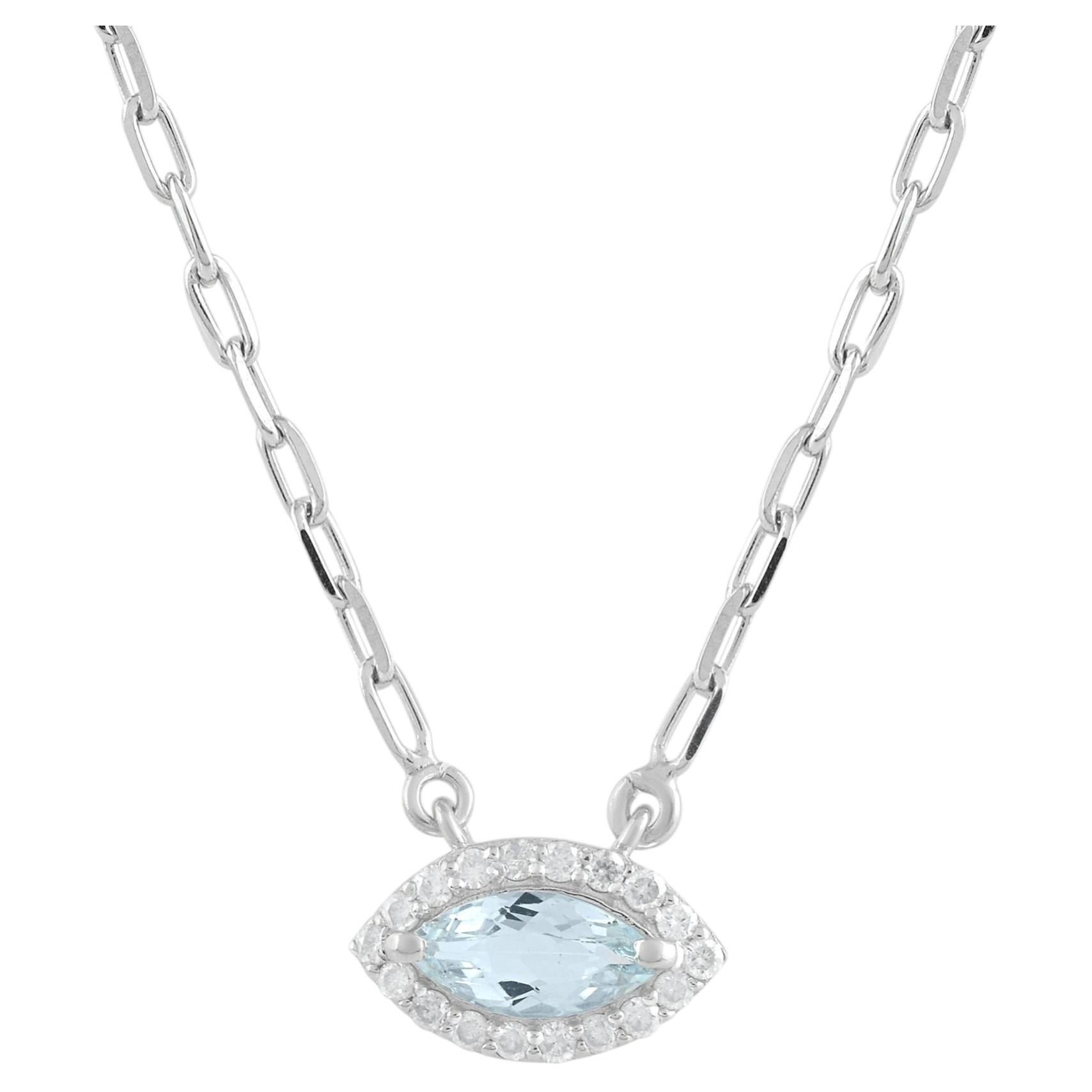 925 Silver Aquamarine & Diamond Halo Evil Eye Paperclip Chain Pendant Necklace