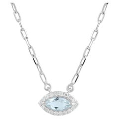 925 Silver Aquamarine & Diamond Halo Evil Eye Paperclip Chain Pendant Necklace