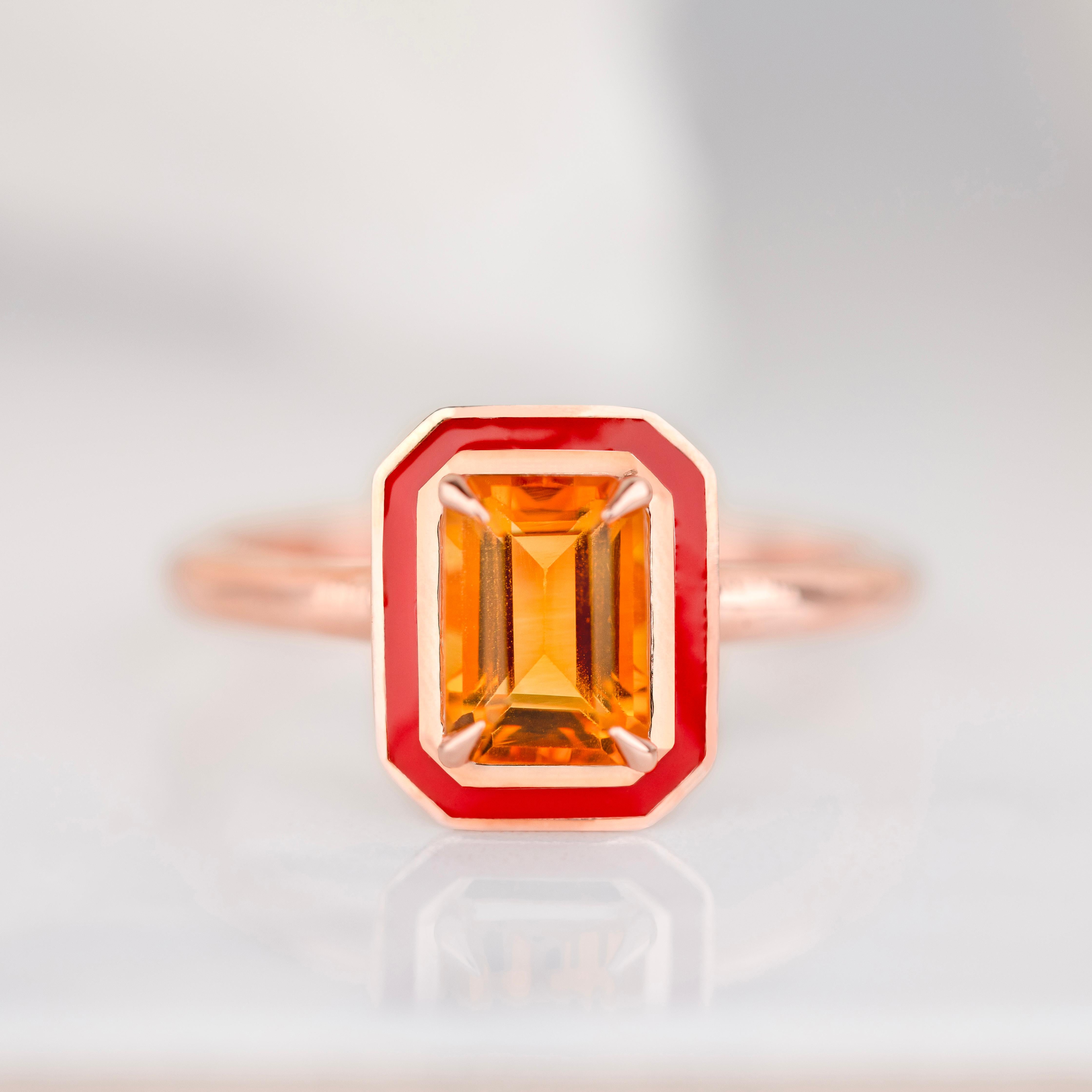 Art Déco Anello in argento 925 in stile Art Deco, pietra citrina da 0,90-1,00 carati e smalto colorato in vendita