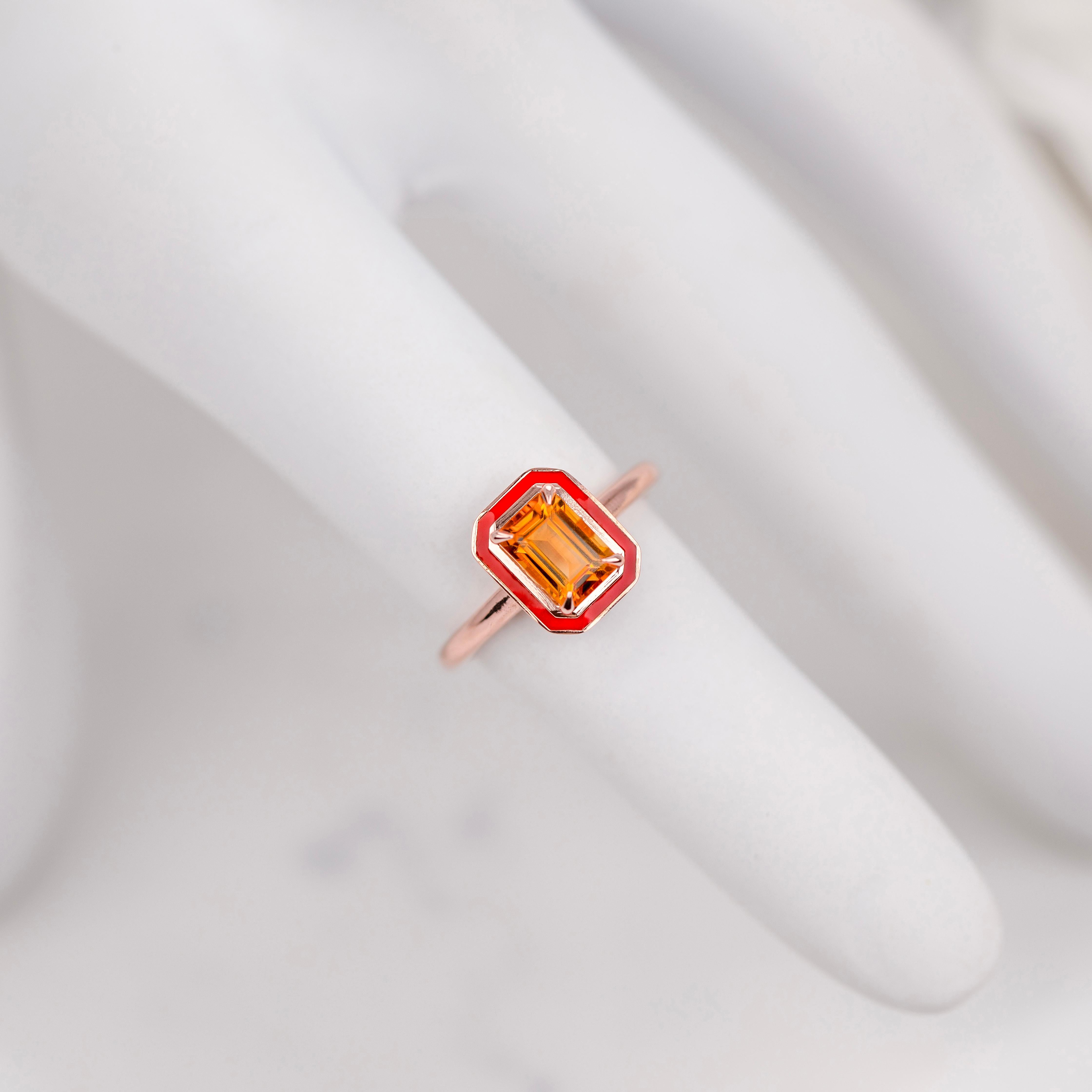 Taglio smeraldo Anello in argento 925 in stile Art Deco, pietra citrina da 0,90-1,00 carati e smalto colorato in vendita