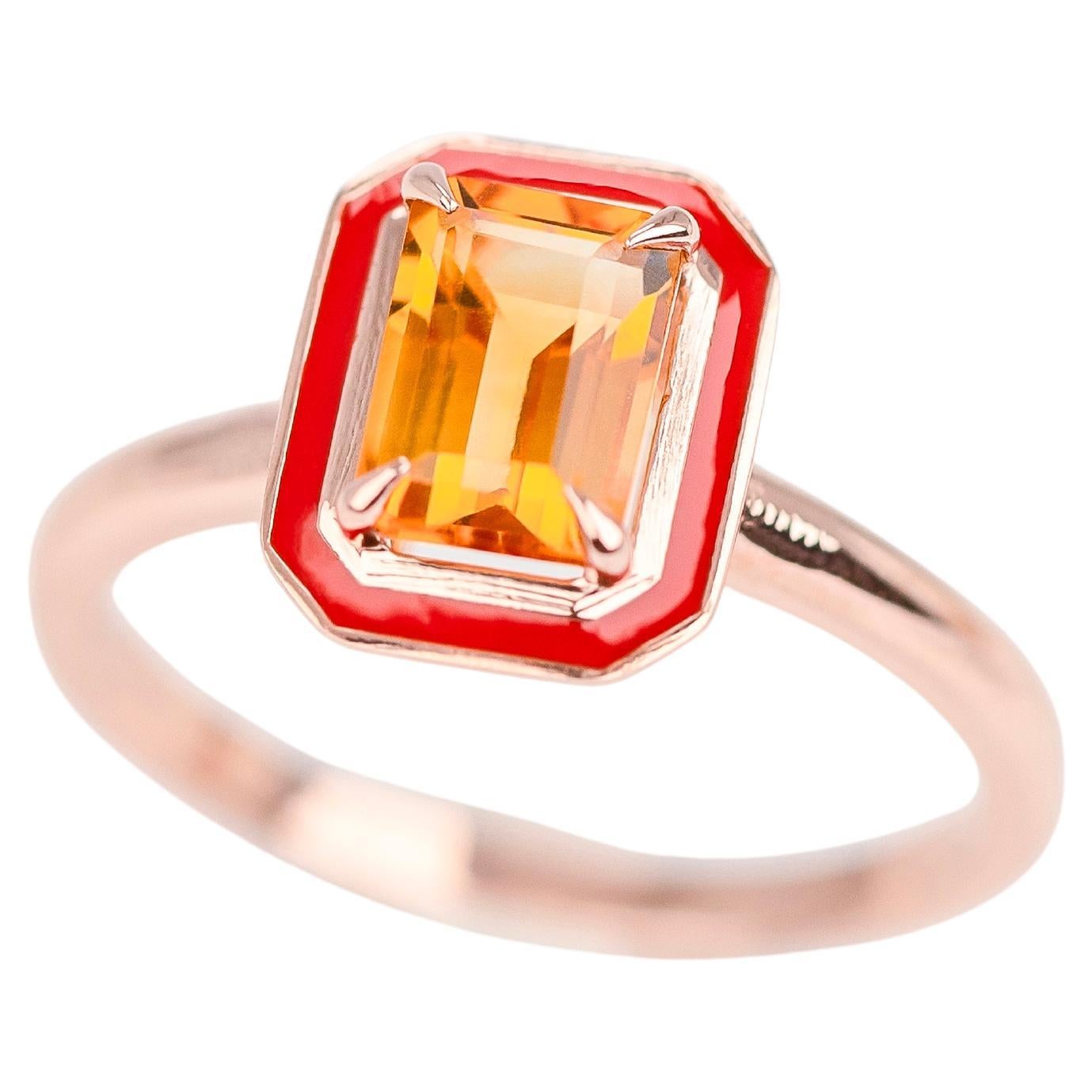 925 Silver Art Deco Style, 0.90-1.00 Ct Citrine Stone and Colorful Enamel Ring