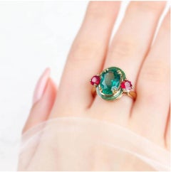 925 Silver Artdeco Synthetic Emerald Cocktail Ring, Emerald and Ruby