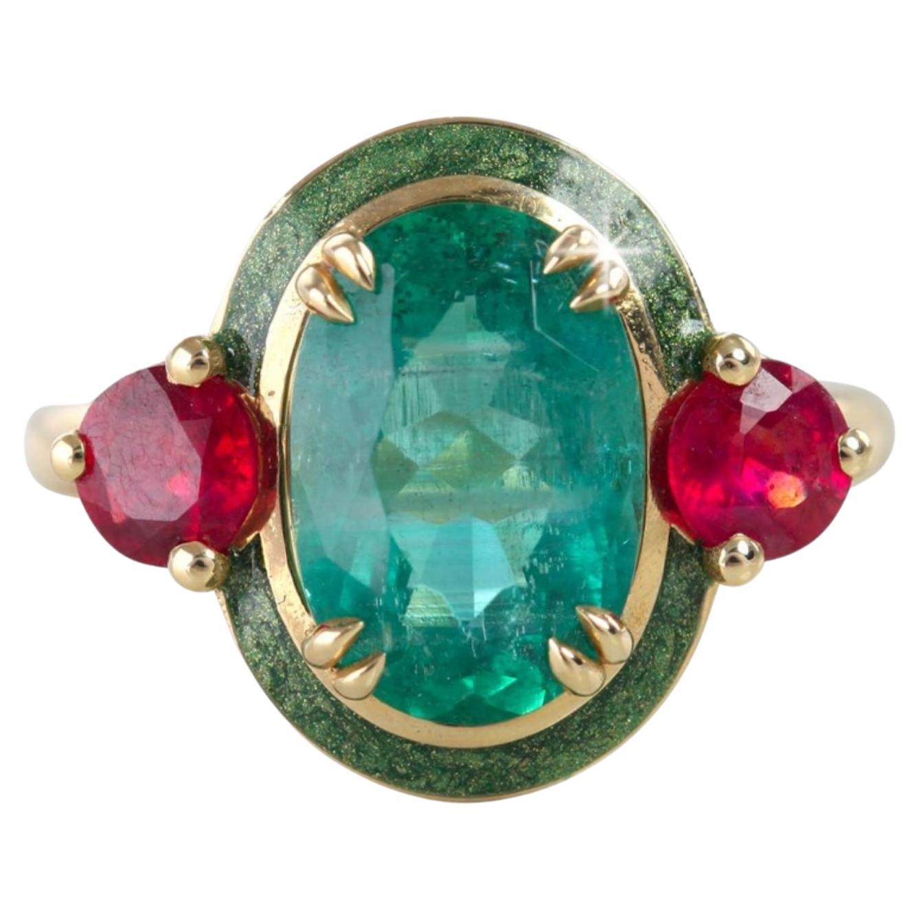 925 Silver Artdeco Synthetic Emerald Cocktail Ring, Emerald and Ruby