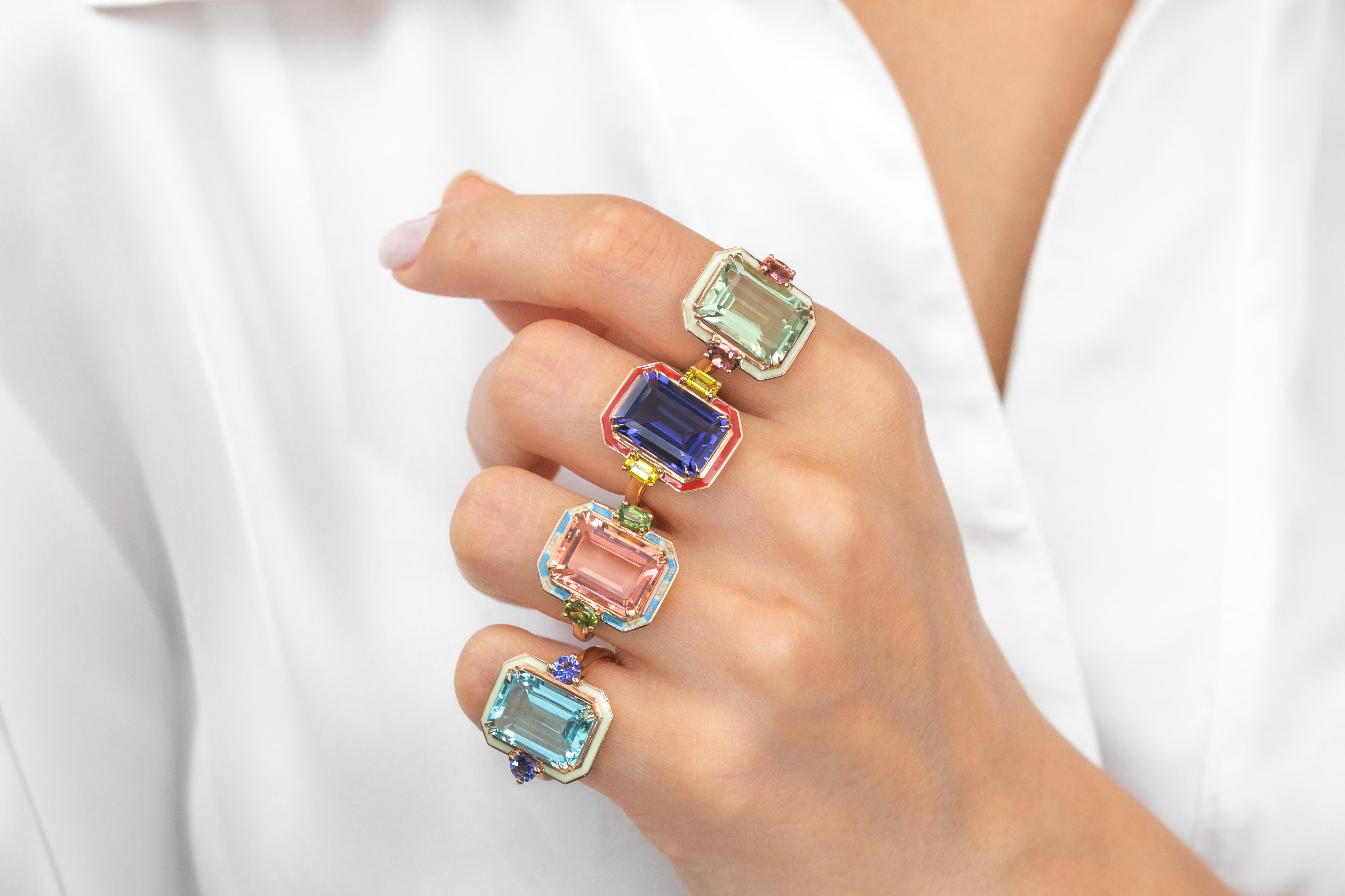 925 Silver Artdeco Style Enameled Cocktail Ring Sky Topaz and Citrine Stone For Sale 4