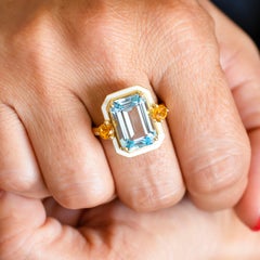 925 Silver Artdeco Style Enameled Cocktail Ring Sky Topaz and Citrine Stone